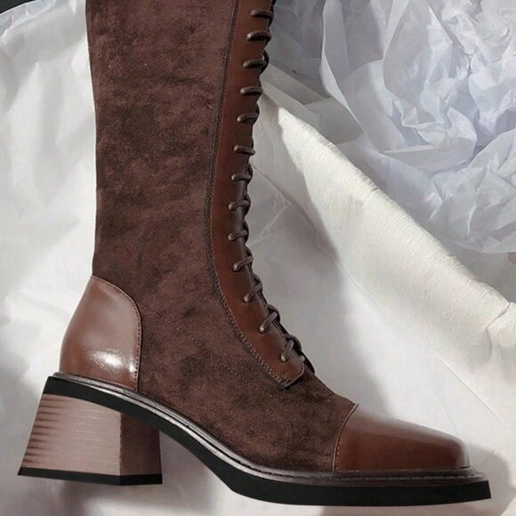 Brown Elegant Women's Thigh High Lace-Up Square Toe Chunky Heel Boots - Picture 4 of 4